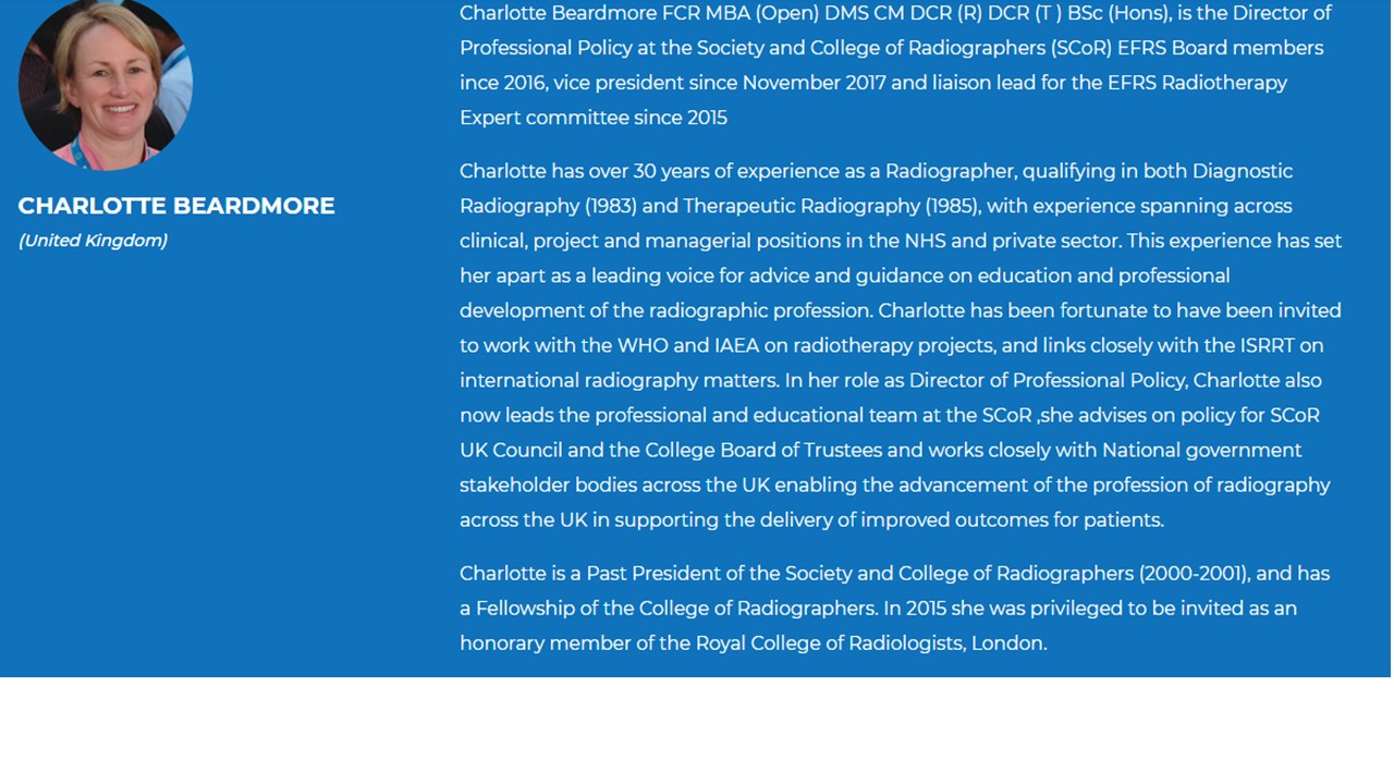 Charlotte Beardmore (UK) nova presidenta de la Federació Europea (EFRS) de Radiographers